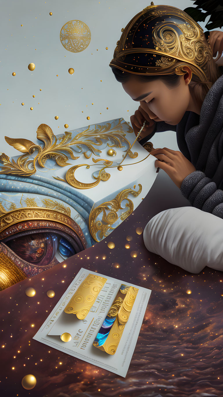 Artist painting golden designs on cosmic background with gold coins and blue splash