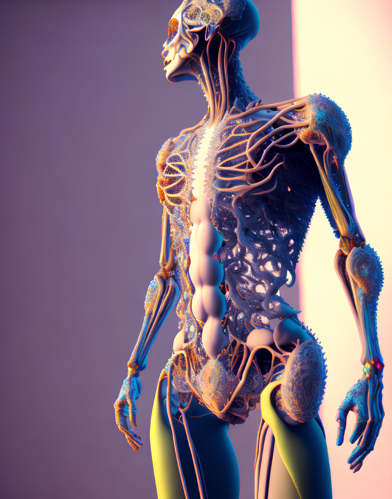 Detailed 3D Humanoid Figure with Translucent Anatomy on Gradient Background