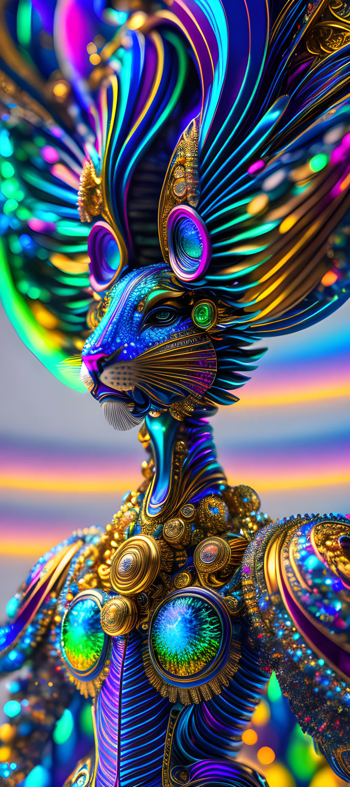 Colorful Digital Art: Stylized Regal Creature with Feline Features