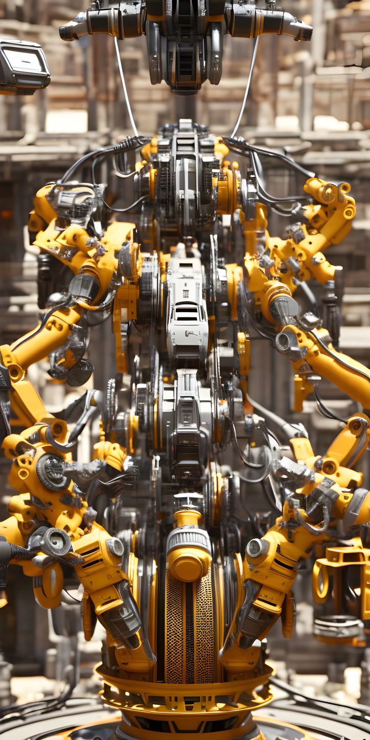 Symmetrical Industrial Robotic Arms on Complex Mechanical Background