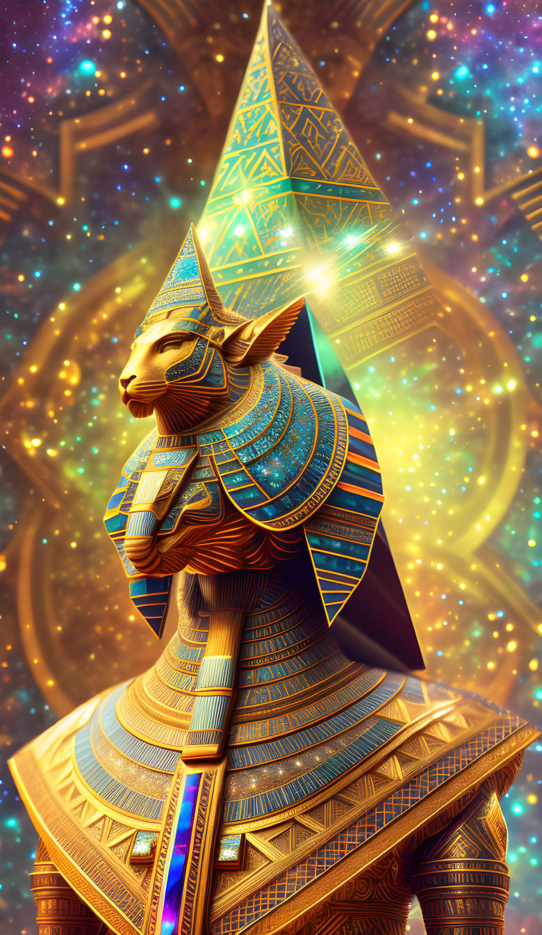 Anthropomorphic Egyptian cat deity in ornate armor against cosmic backdrop