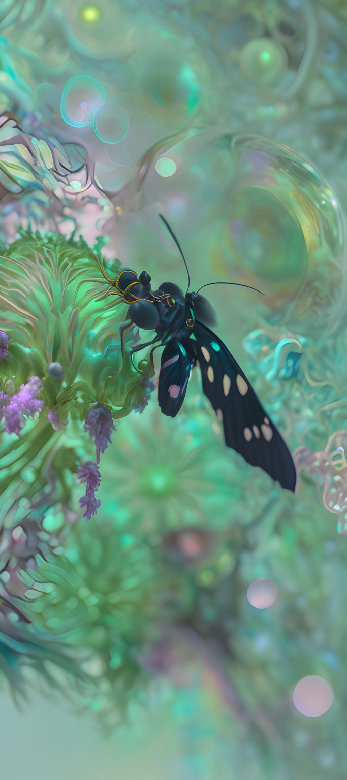 Black Butterfly with White Spots on Green Plants in Dreamlike Environment