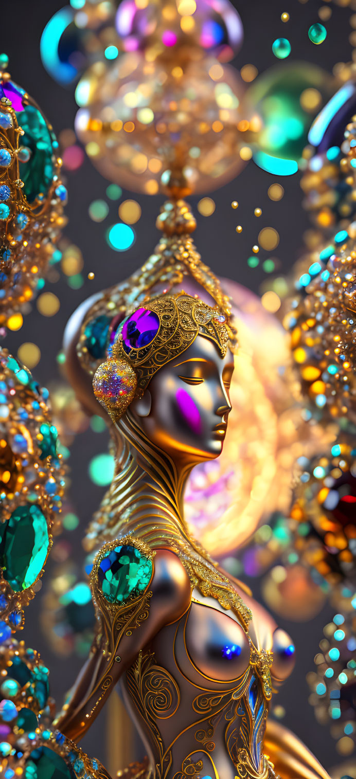 Golden jeweled female figure with intricate headpiece and vibrant orbs.