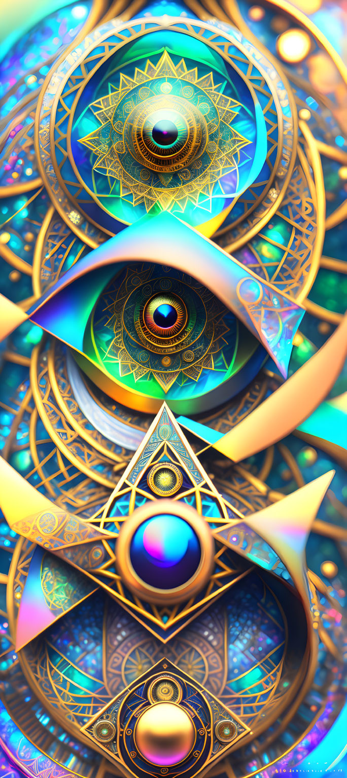 Colorful digital artwork: Stacked mystical eyes in ornate geometric patterns