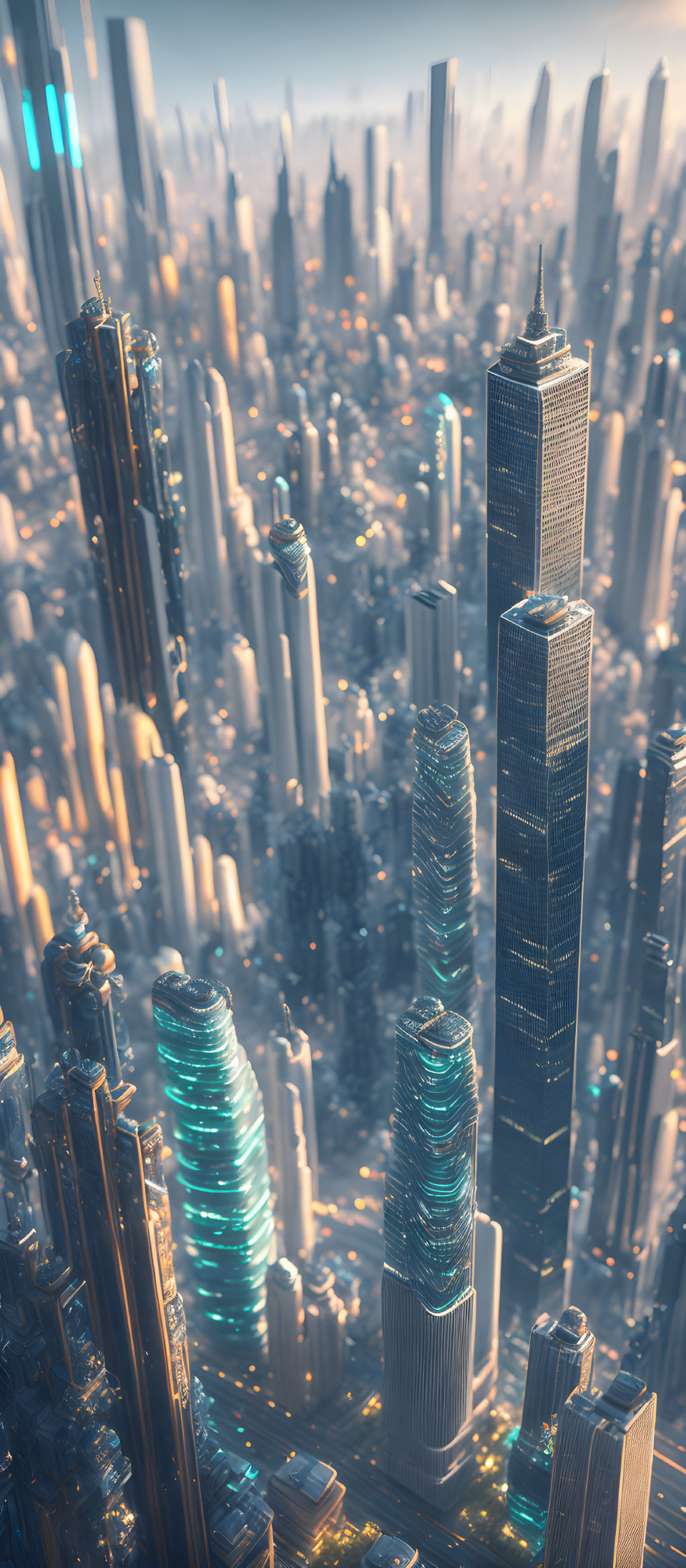 Golden-lit futuristic cityscape with towering skyscrapers