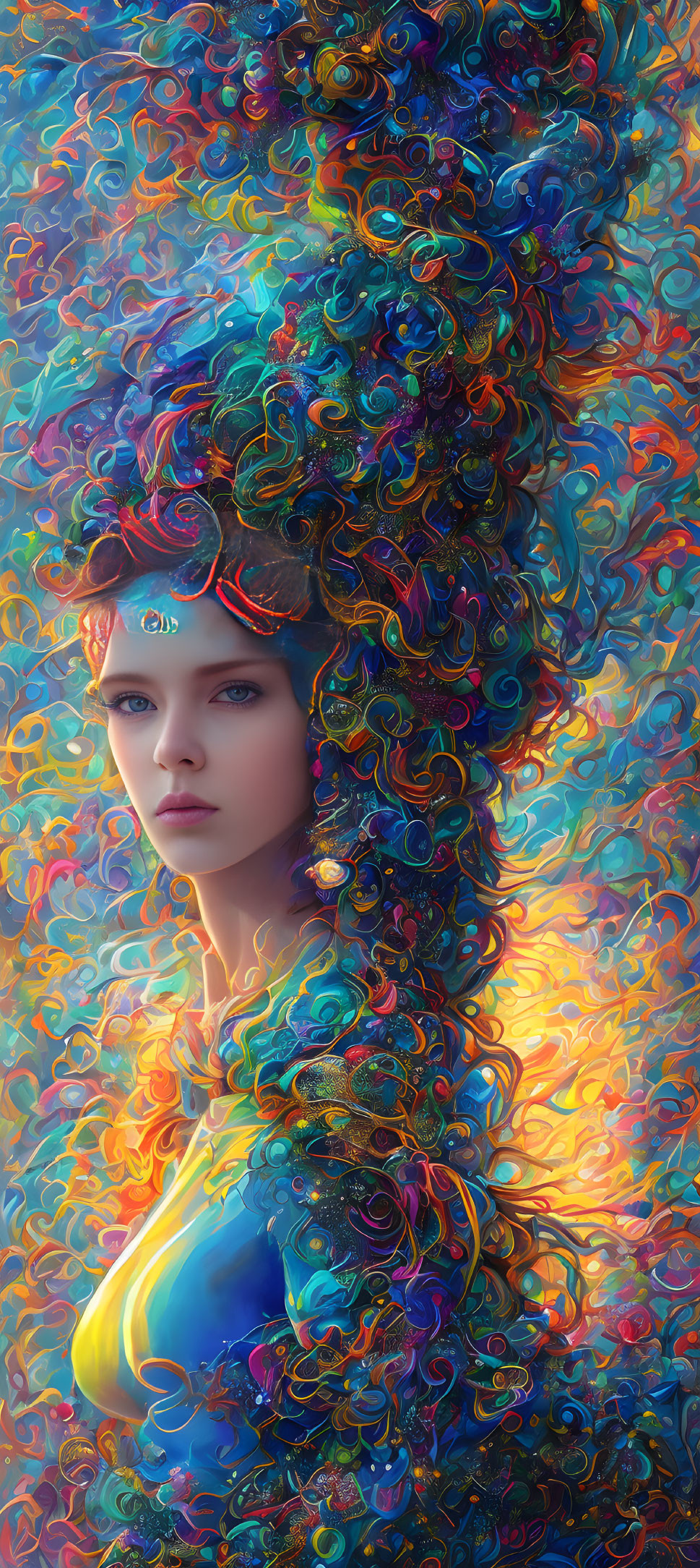 Colorful Swirl Headdress and Vibrant Blue Yellow Garment