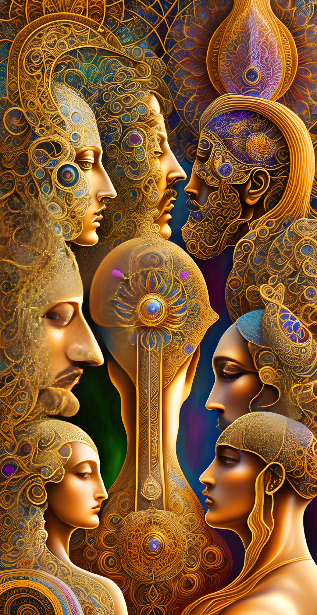 Intricately-patterned digital artwork with stylized faces in profile