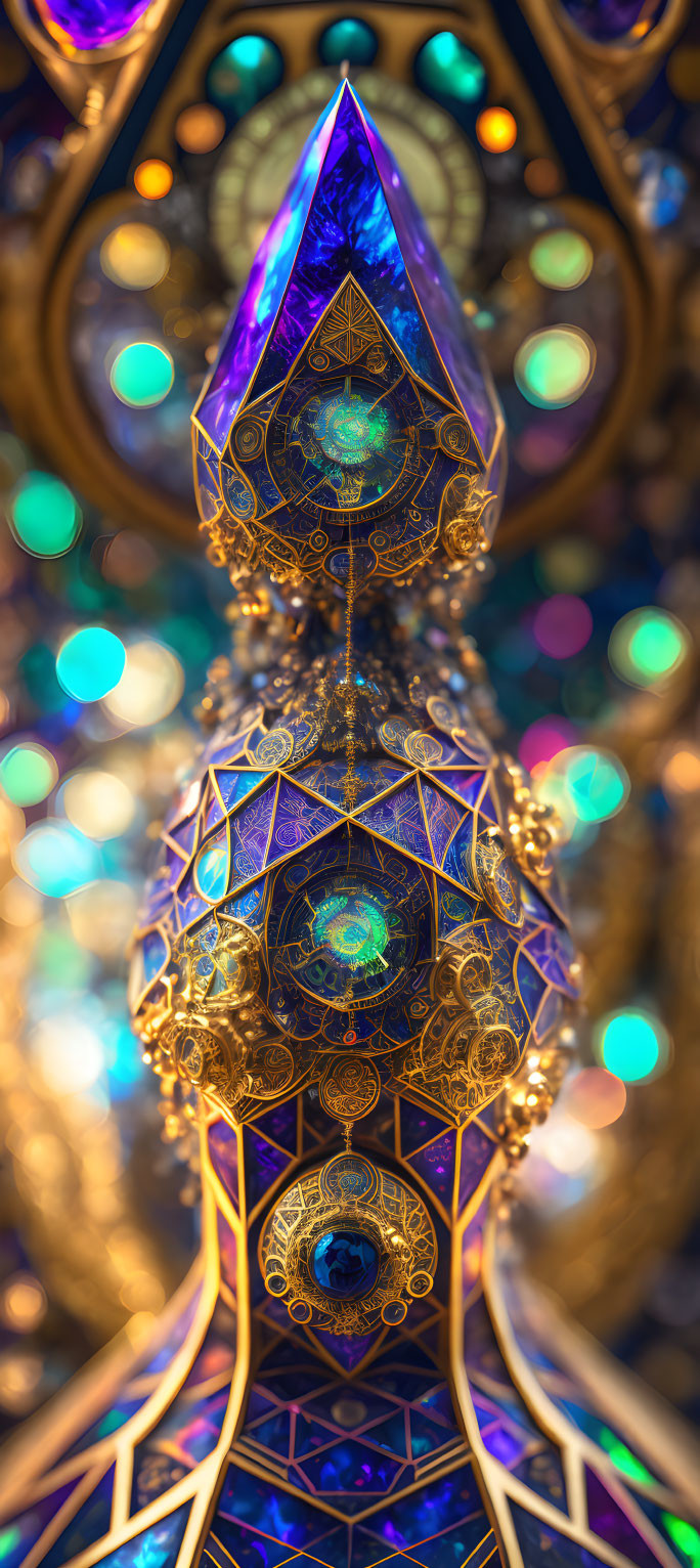 Golden geometric patterns with blue and violet hues on bokeh background