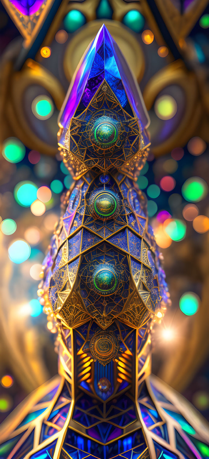 Vibrant digital artwork: Crystal-like structure with golden patterns