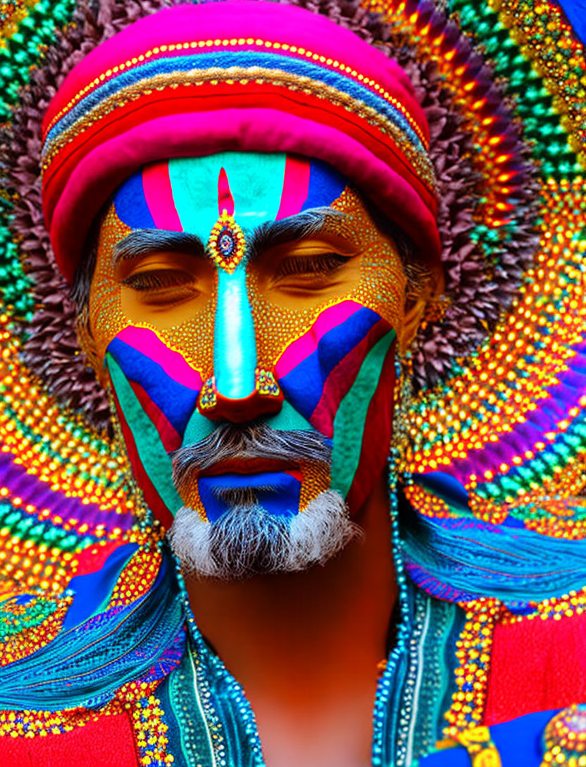 Colorful Face Paint and Decorative Headpiece in Bright Colors