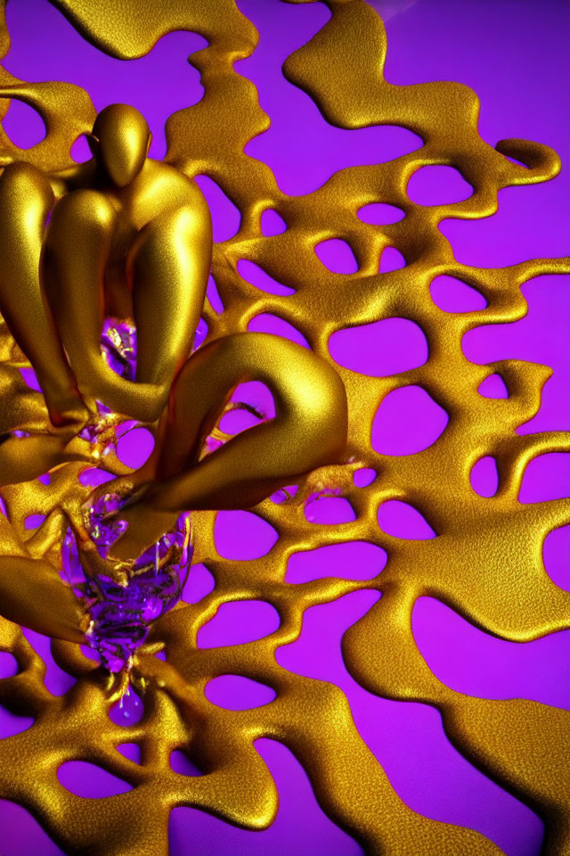 Abstract golden humanoid figure on mesh structure against purple background