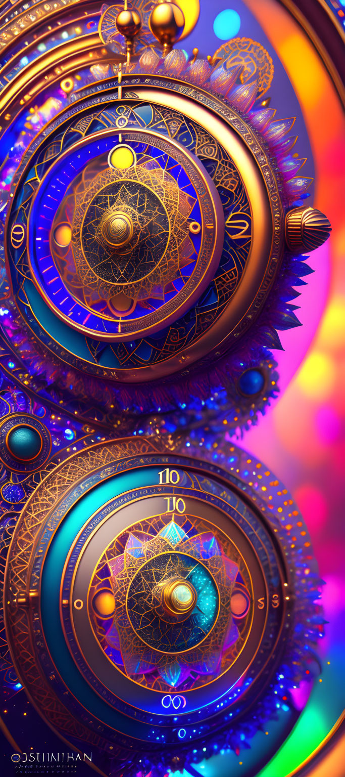 Colorful digital artwork: intricate golden clocks with celestial designs.