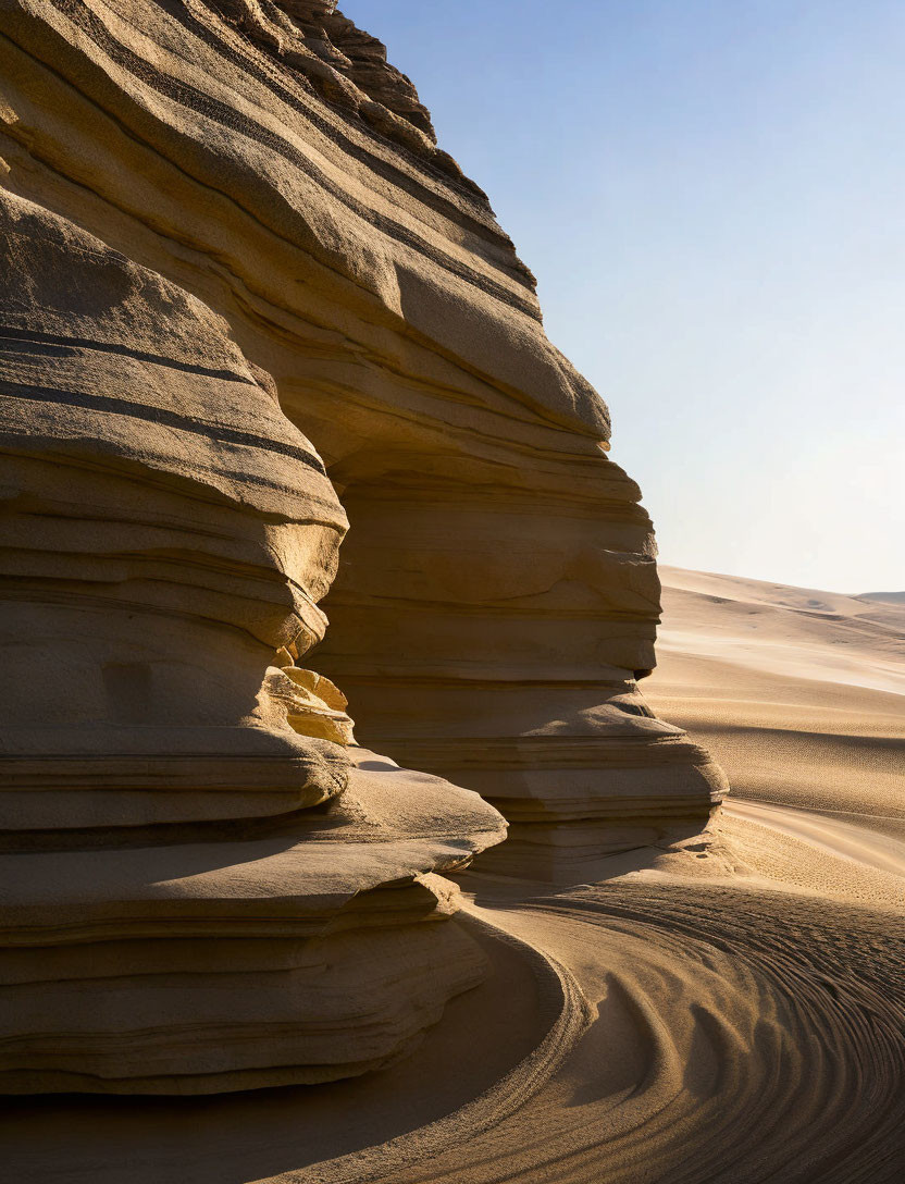 Sand dunes and layered rock formation under clear sky at golden hour