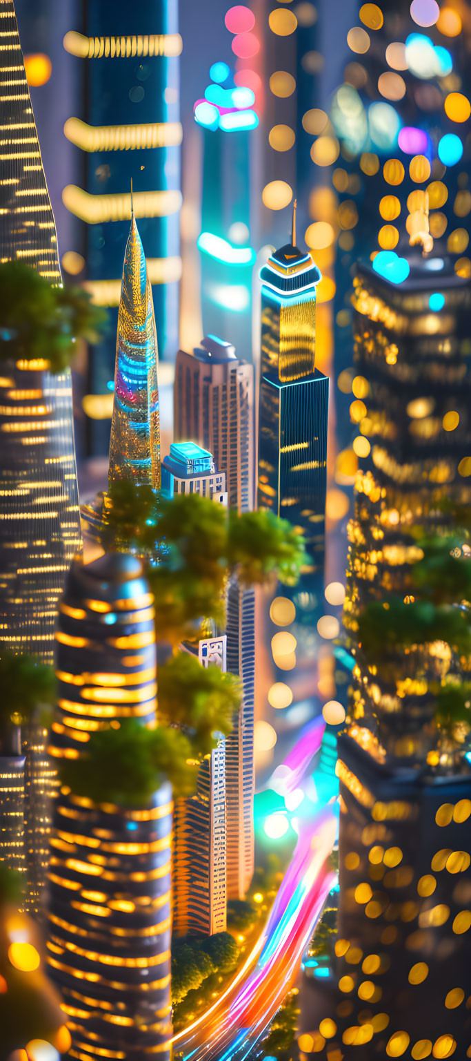 Night Cityscape: Vibrant Skyscrapers, Glittering Lights, Traffic Blur