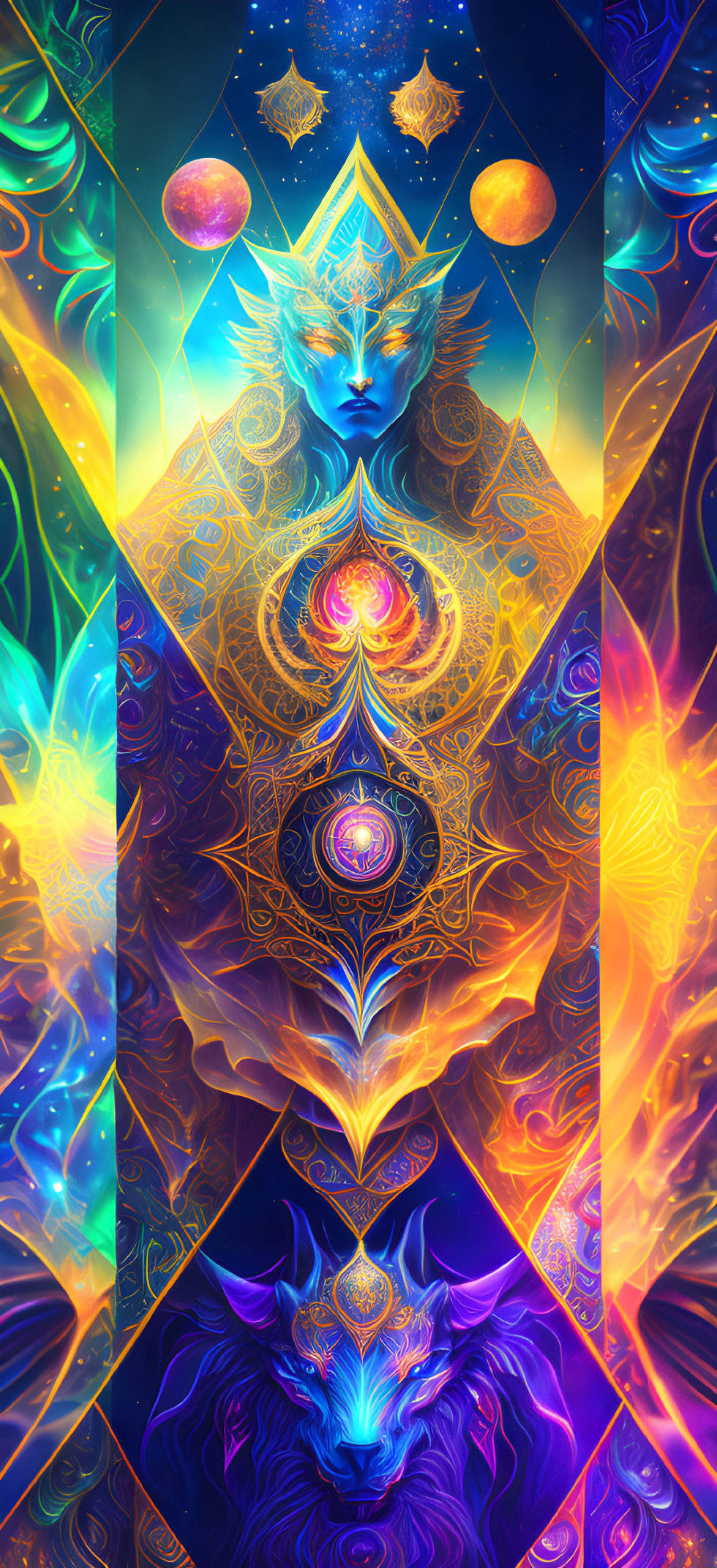 Symmetrical cosmic-themed artwork with majestic wolf and celestial elements