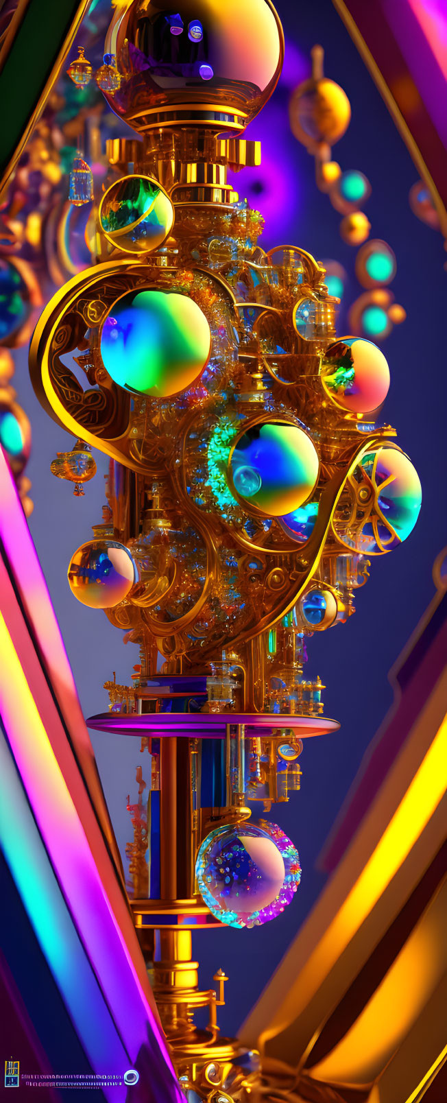 Colorful Steampunk Tower with Golden Details on Luminous Background