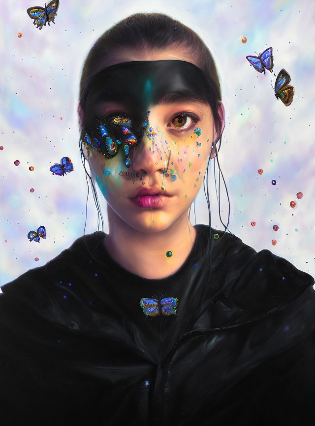 Person with Galaxy Face Paint Surrounded by Butterflies in Mystical Setting