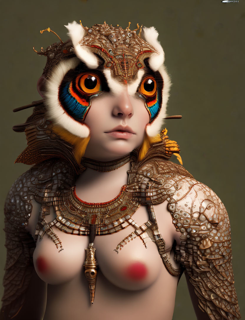 Fantasy creature with owl-like face in ornate jewelry and crown.