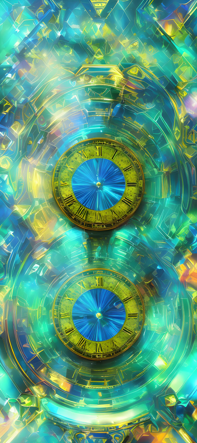 Abstract digital artwork: Dual concentric circles with blue gem on vibrant crystalline backdrop