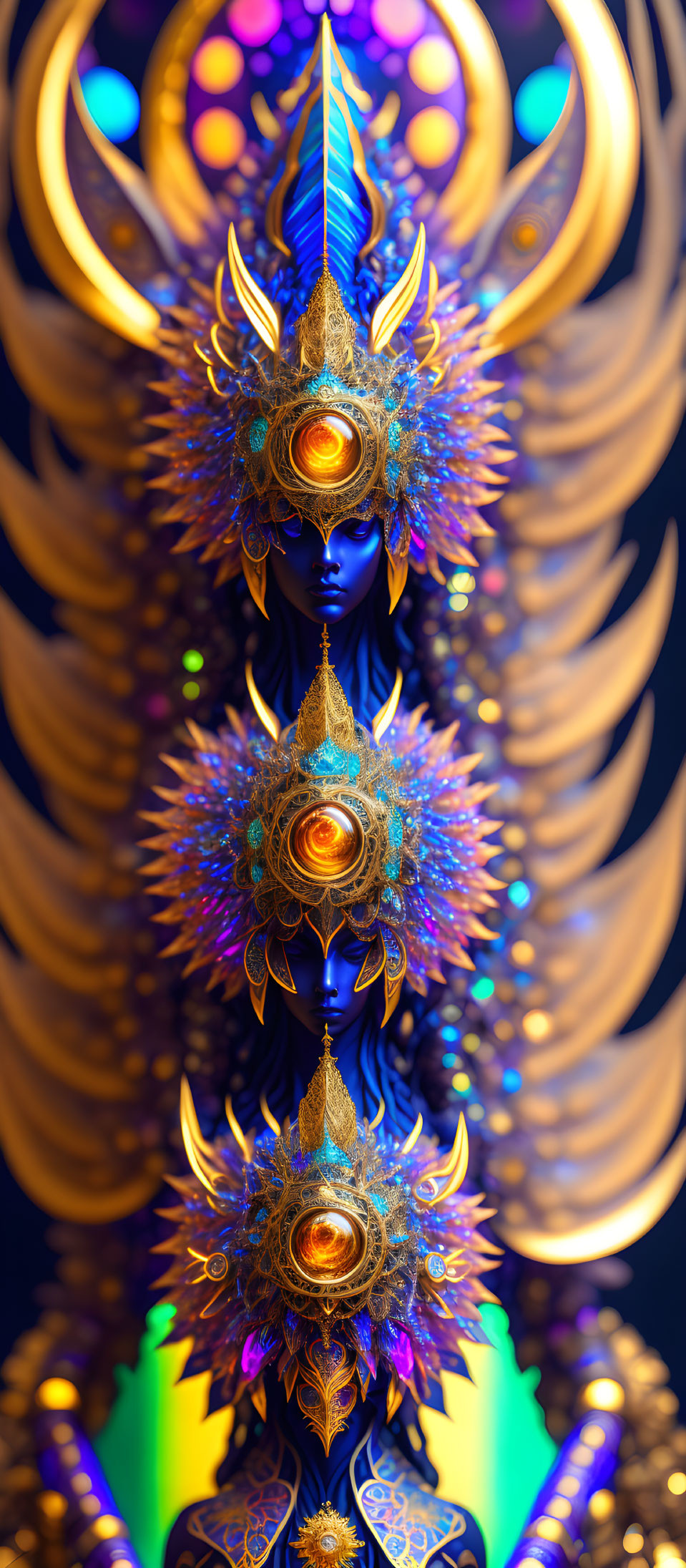Intricate digital figure with golden headgear in a mandala setting