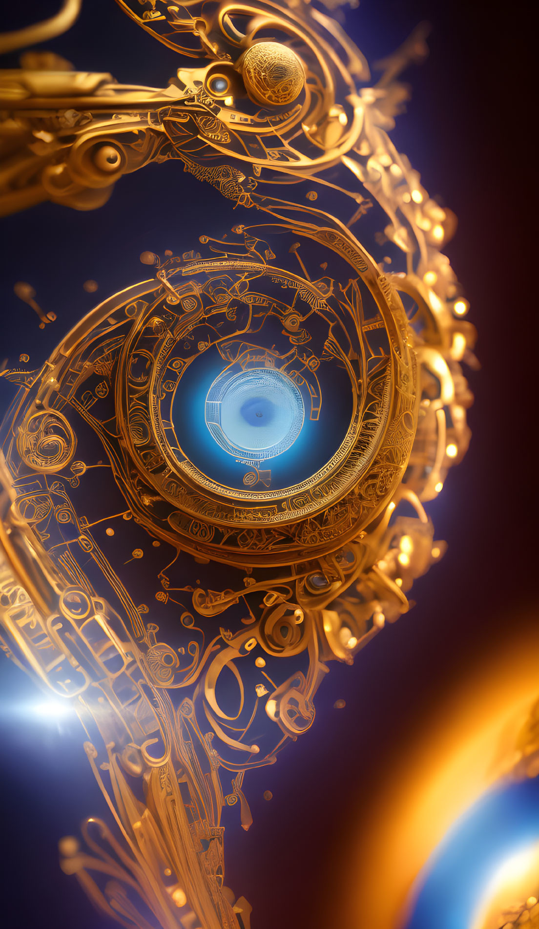 Intricate Golden Mechanical Structure with Blue Glow on Deep Blue Background