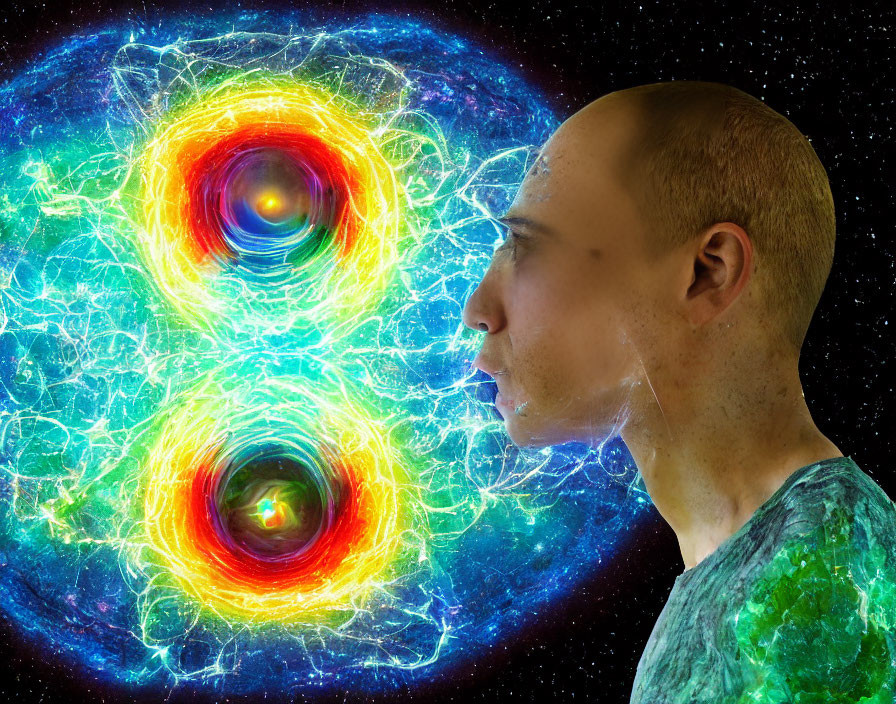 Profile of person exhaling colorful fractals in cosmic background