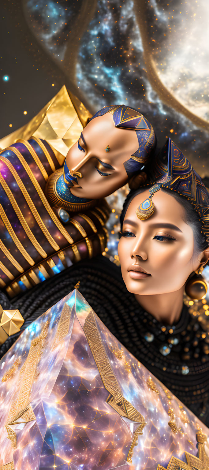 Surreal Cosmic Makeup Woman and Pharaoh Figure with Golden Headdresses on Starry Backdrop