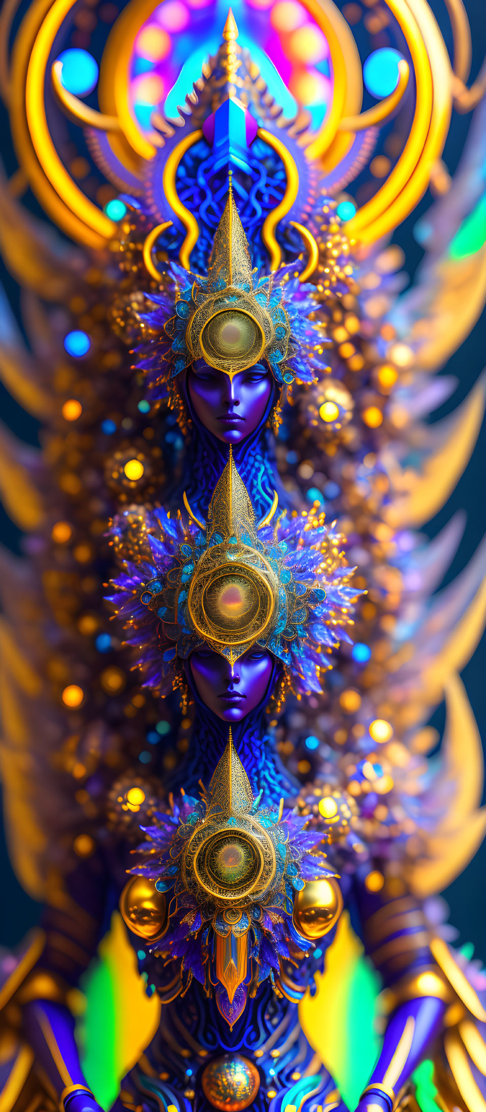 Intricate gold and blue multi-faced entity artwork