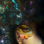 Colorful digital artwork: Person with peacock-themed mask & headdress