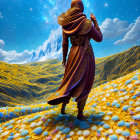 Cloaked figure in surreal landscape with golden fields and cosmic orb