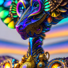 Ornate figure in golden and blue armor against colorful background