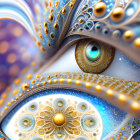 Detailed surreal eye illustration with golden spirals and intricate patterns on purple background