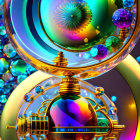 Intricate fractal image: Spirals, spheres, geometric patterns in blues, golds &