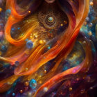 Colorful digital art: Human-like figure with intricate patterns in orange, blue, and gold.