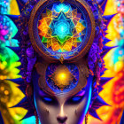 Colorful digital artwork: Figure with blue and gold headdress, intricate patterns, glowing shapes