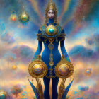 Female warrior in golden and blue armor against fantastical city backdrop