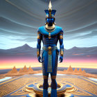 Man in Blue and Gold Suit on Ornate Golden Platform with Futuristic Landscape