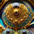 Intricate Steampunk Art: Vertical Composition with Golden Gears and Iridescent Eyes