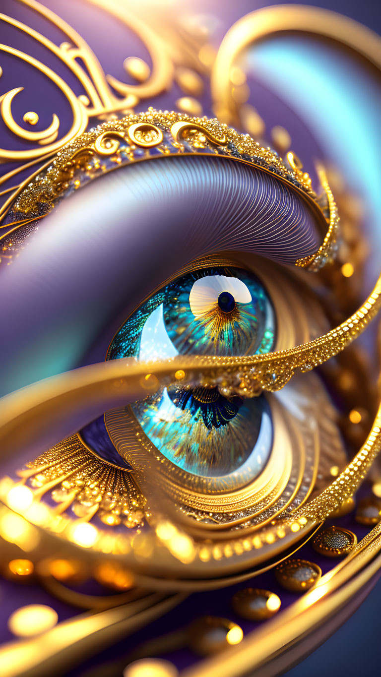 Detailed surreal eye illustration with golden spirals and intricate patterns on purple background