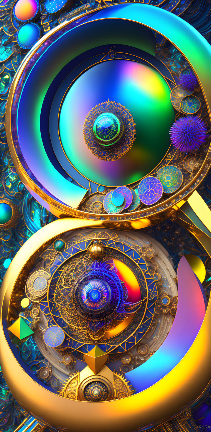 Intricate fractal image: Spirals, spheres, geometric patterns in blues, golds &