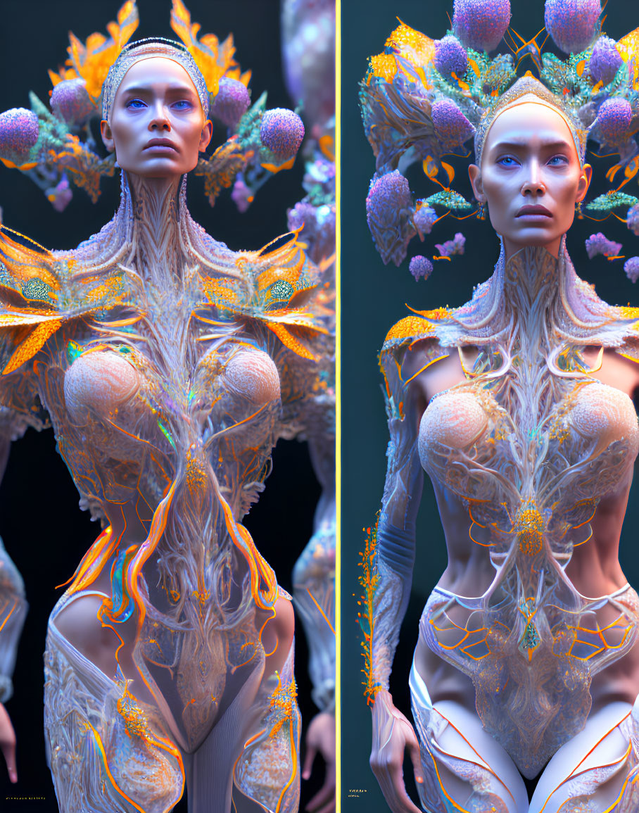 3D illustration: Female figure with coral-like adornments on shoulders, cool-toned backdrop