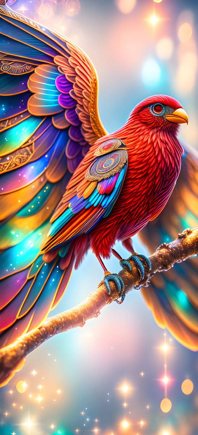 Colorful Digital Artwork: Fantastical Red Bird with Rainbow Wings on Branch