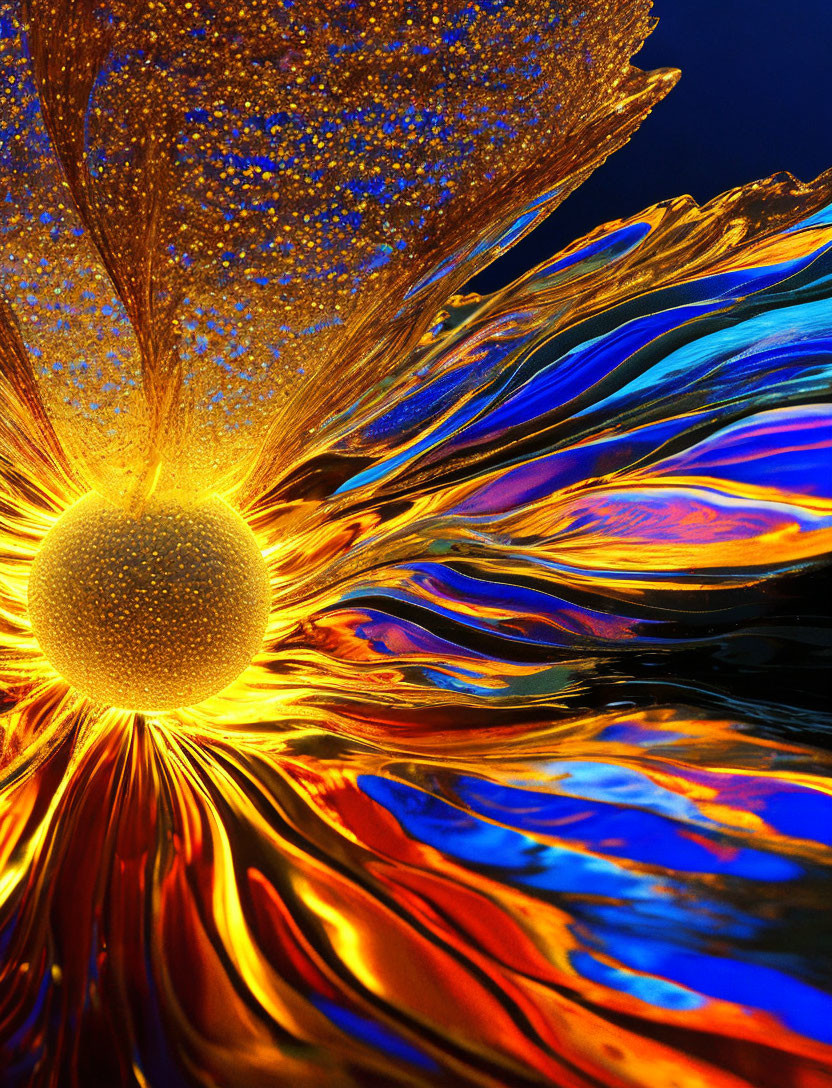 Abstract art: Luminous golden sphere with fiery wavy patterns