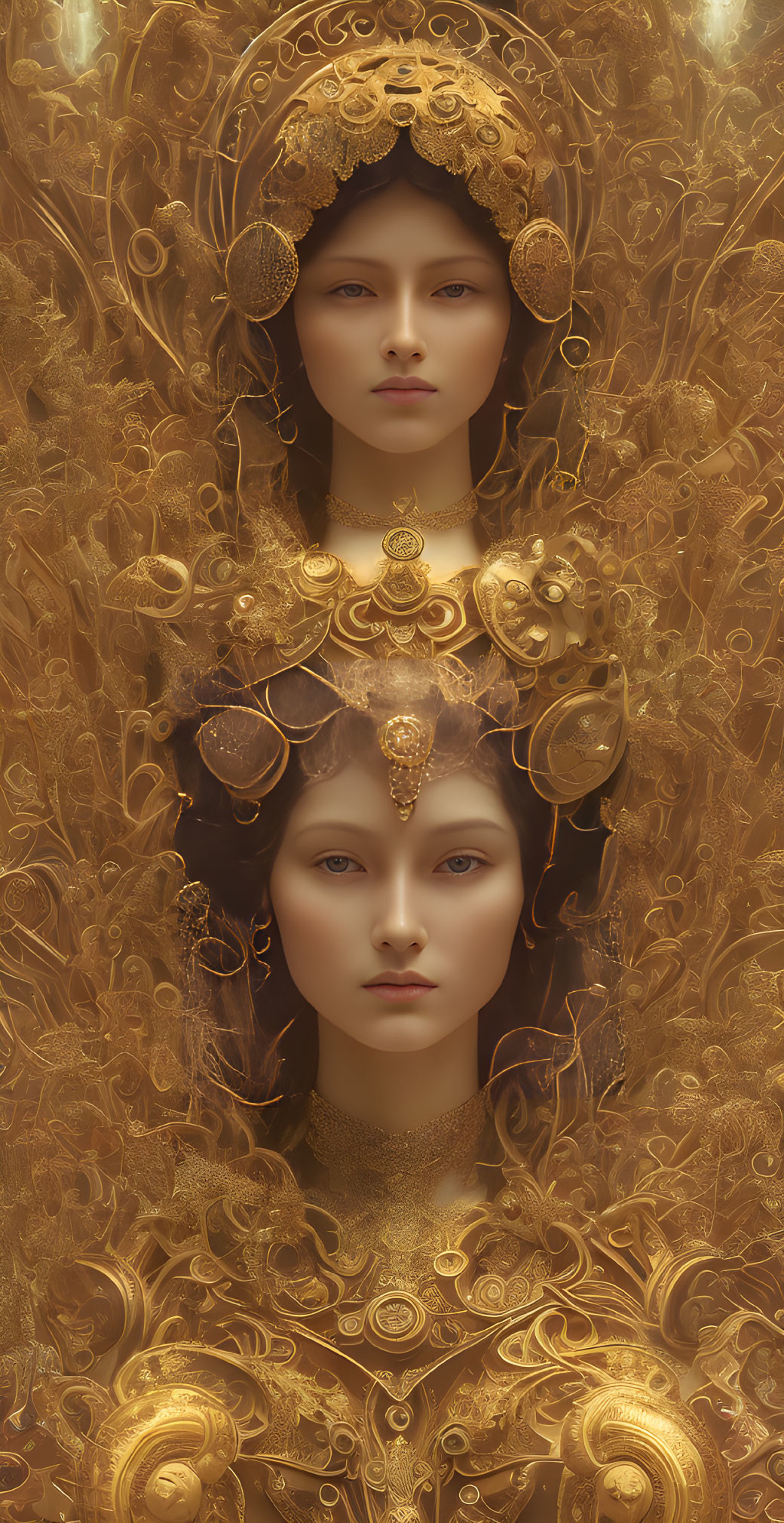 Elaborate golden headdresses on two women with ornate gold filigree designs