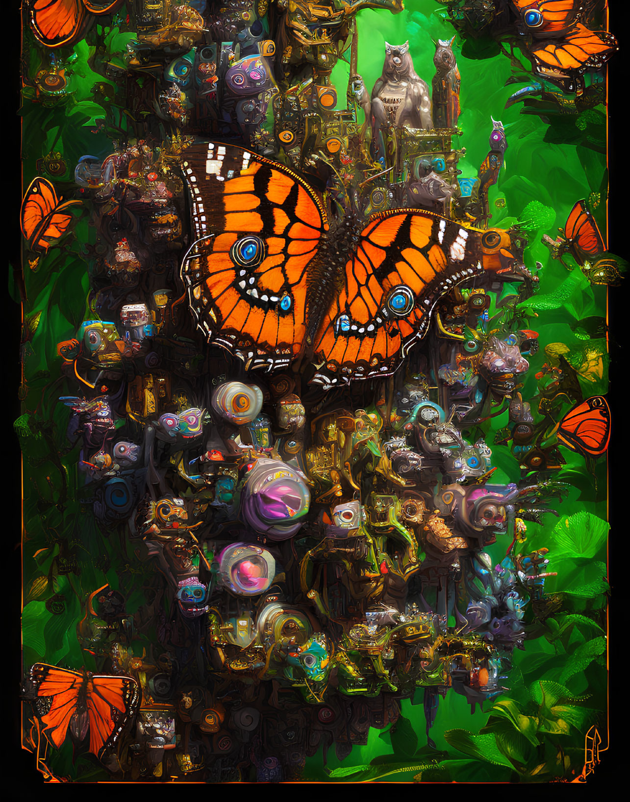 Colorful digital collage featuring large orange butterfly and whimsical creatures, mechanical parts, and lush foliage.