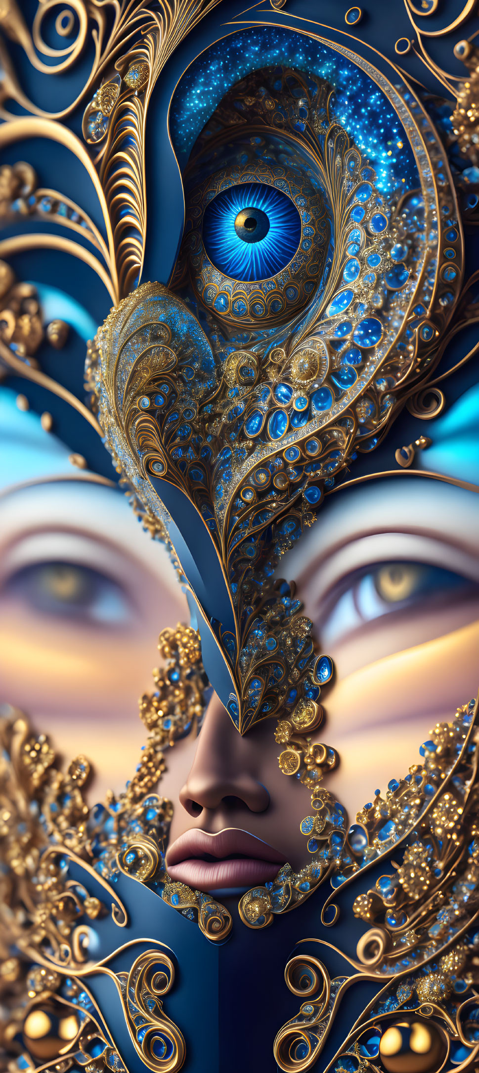 Detailed Digital Art: Surreal Female Face with Golden Filigree & Eye Design