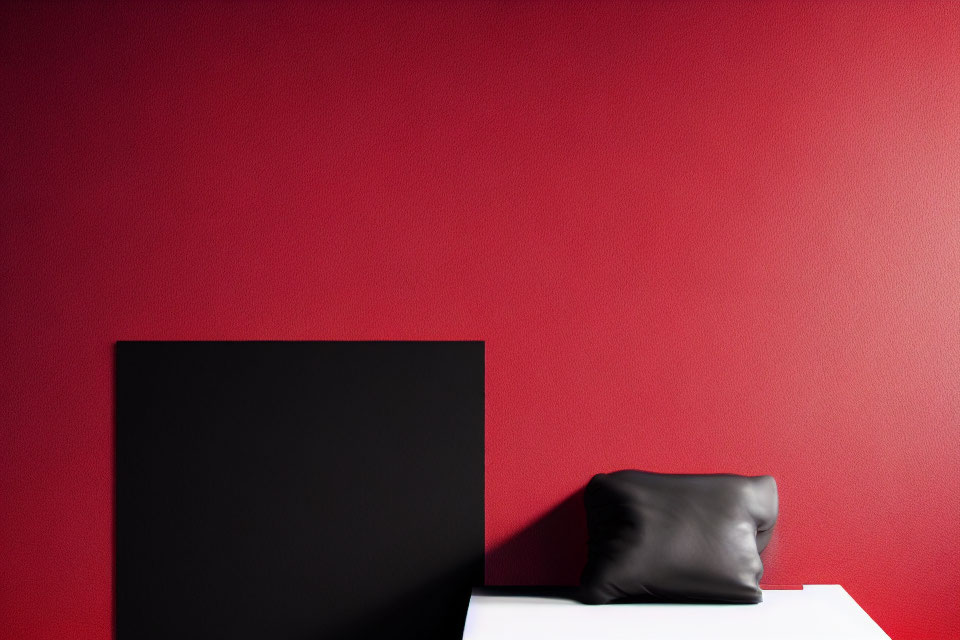 Black square canvas on white ledge with black pillow against red wall