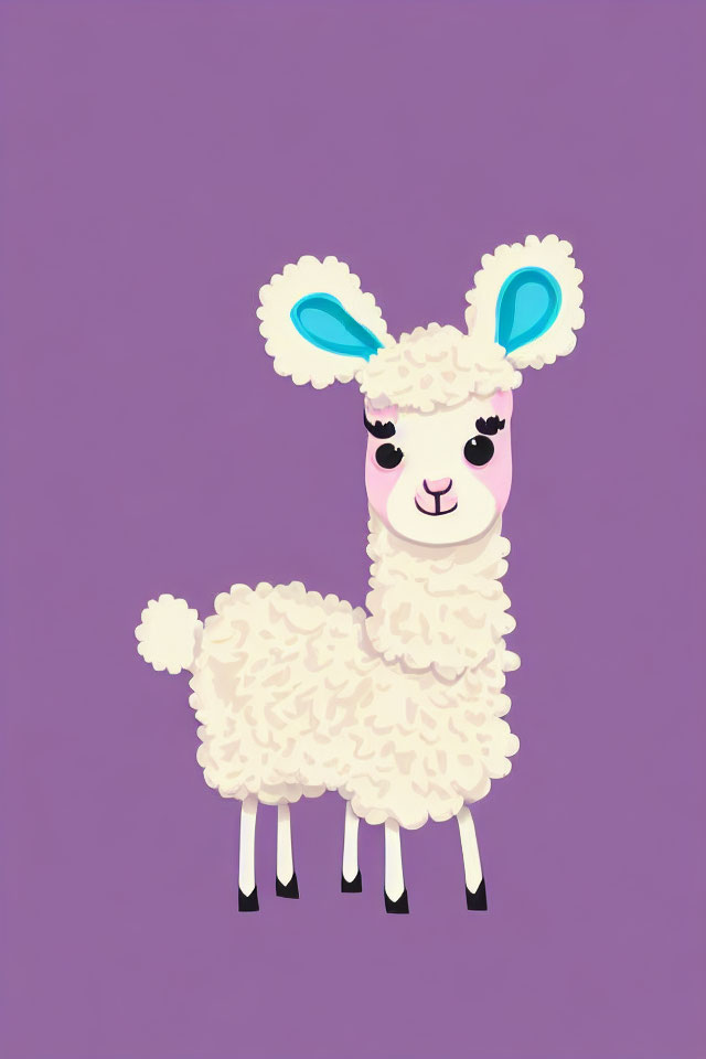 Cartoon llama with fluffy white coat and blue ears on purple background