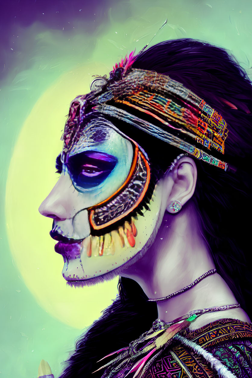 Colorful digital artwork of person with tribal makeup and headdress