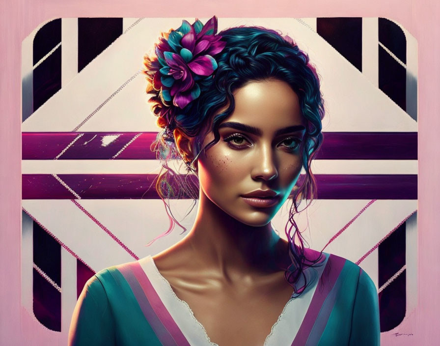 Digital portrait of woman with flower, glowing highlights, geometric backdrop